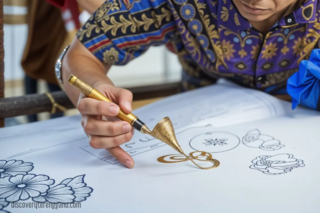 Tangan memegang canting berwarna tembaga, melukis garisan keemasan mengikut lakaran corak bunga di atas permukaan putih, di Kompleks Kraf Noor Arfa