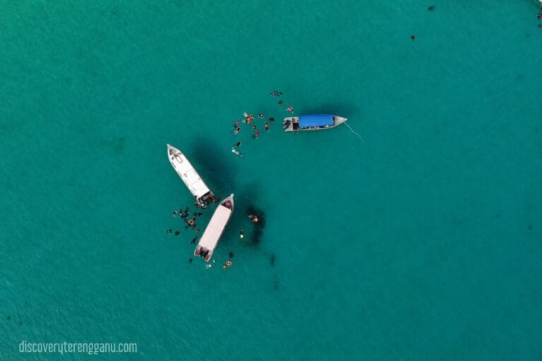Pandangan udara tiga bot di laut biru kehijauan dengan kumpulan peserta snorkeling terapung di sekelilingnya