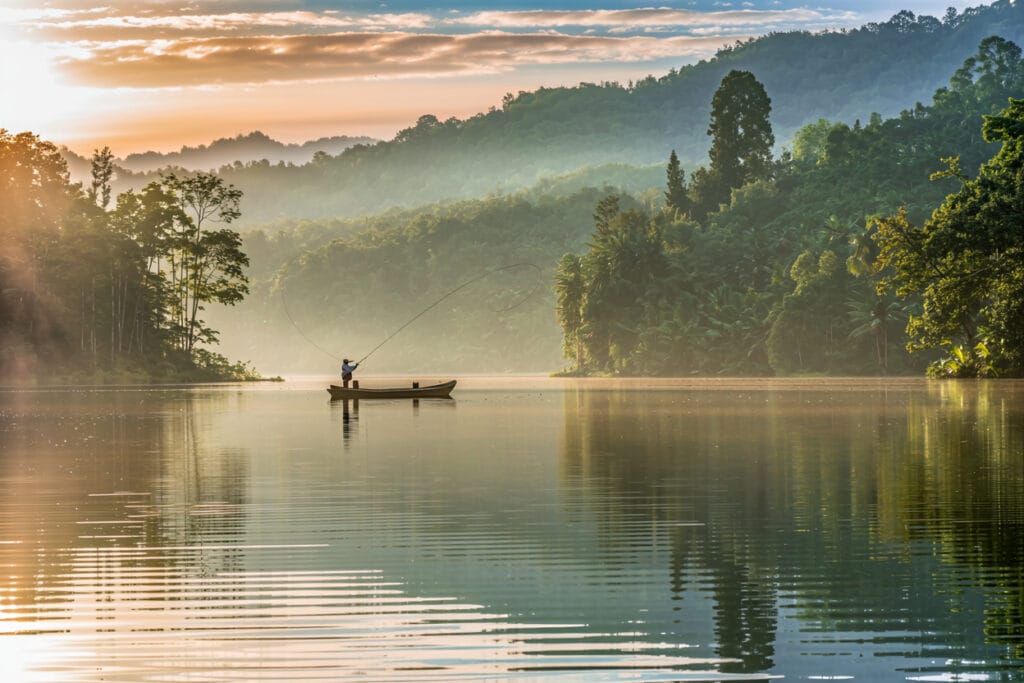 Ilustrasi AI pemancing dalam bot kecil di tasik berkabus ketika matahari terbit