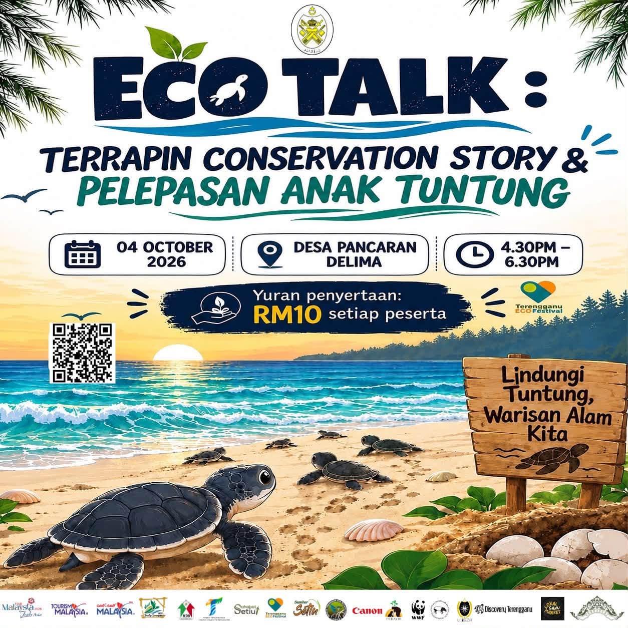 Poster Eco Talk WWF Terrapin Conservation Story dan pelepasan anak tuntung di Desa Pancaran Delima