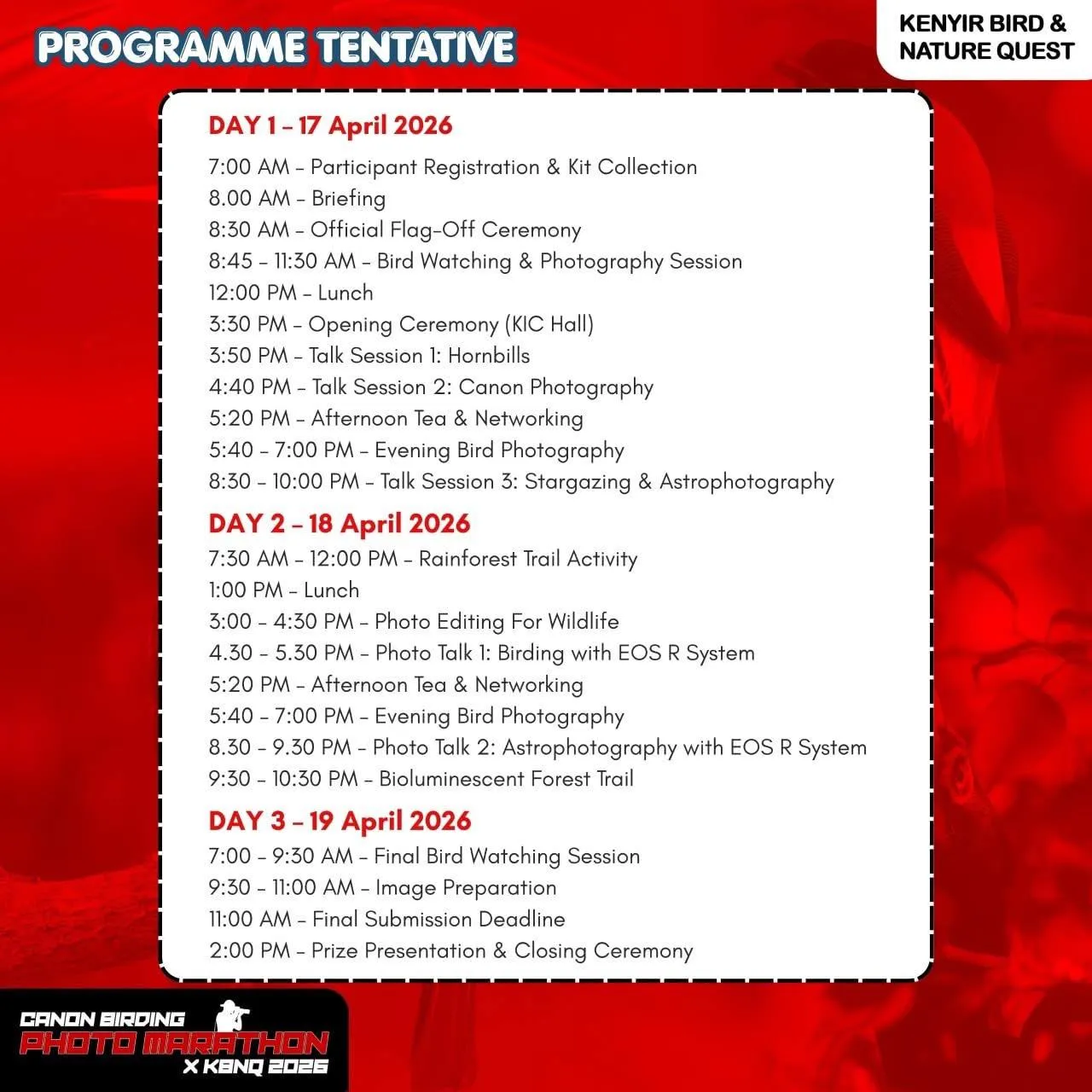 Tentatif Program Kenyir Bird & Nature Quest 2026