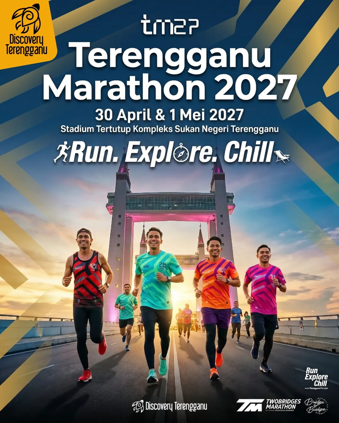 Poster rasmi Terengganu Marathon 2027 TM27 di Kompleks Sukan Negeri Terengganu Gong Badak