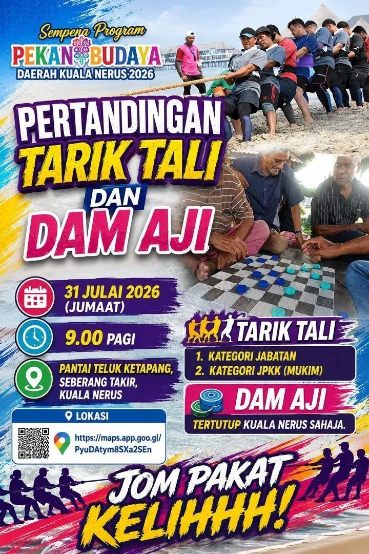 Pertandingan Tarik Tali dan Dam Aji di Pantai Teluk Ketapang, Pekan Budaya Kuala Nerus 2026