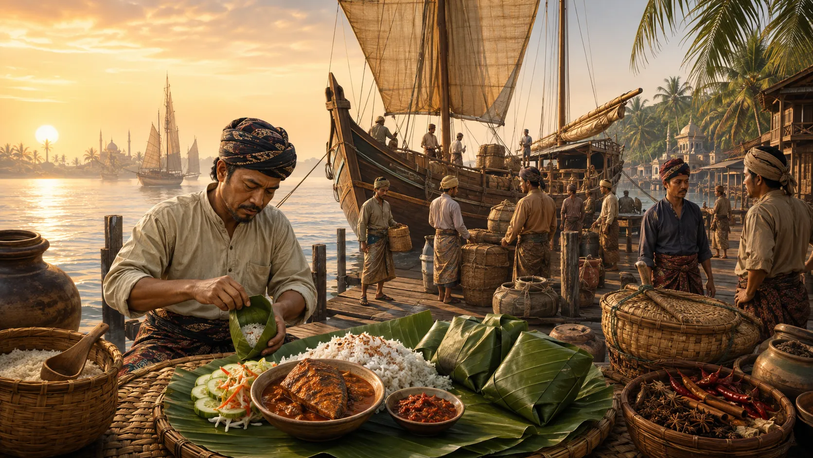 Ilustrasi suasana tradisional berkaitan nasi dagang Terengganu