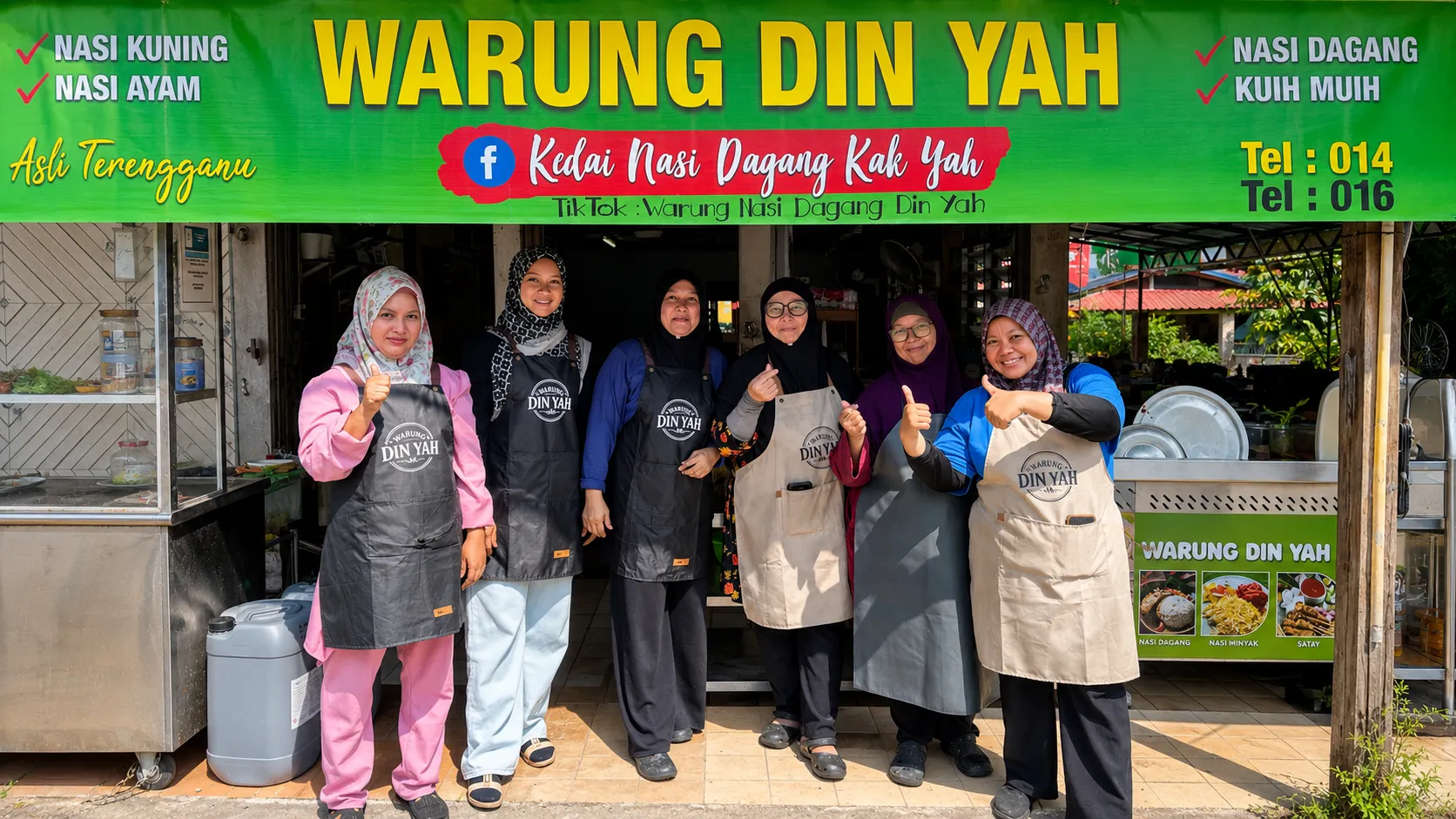 Kakitangan Warung Din Yah di hadapan kedai dengan sepanduk hijau bertulis Kedai Nasi Dagang