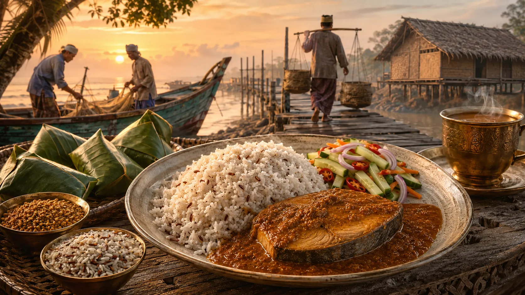 Ilustrasi hidangan nasi dagang lengkap dengan gulai ikan tongkol dan acar, berlatarkan nelayan dan perahu di tepi pantai waktu subuh