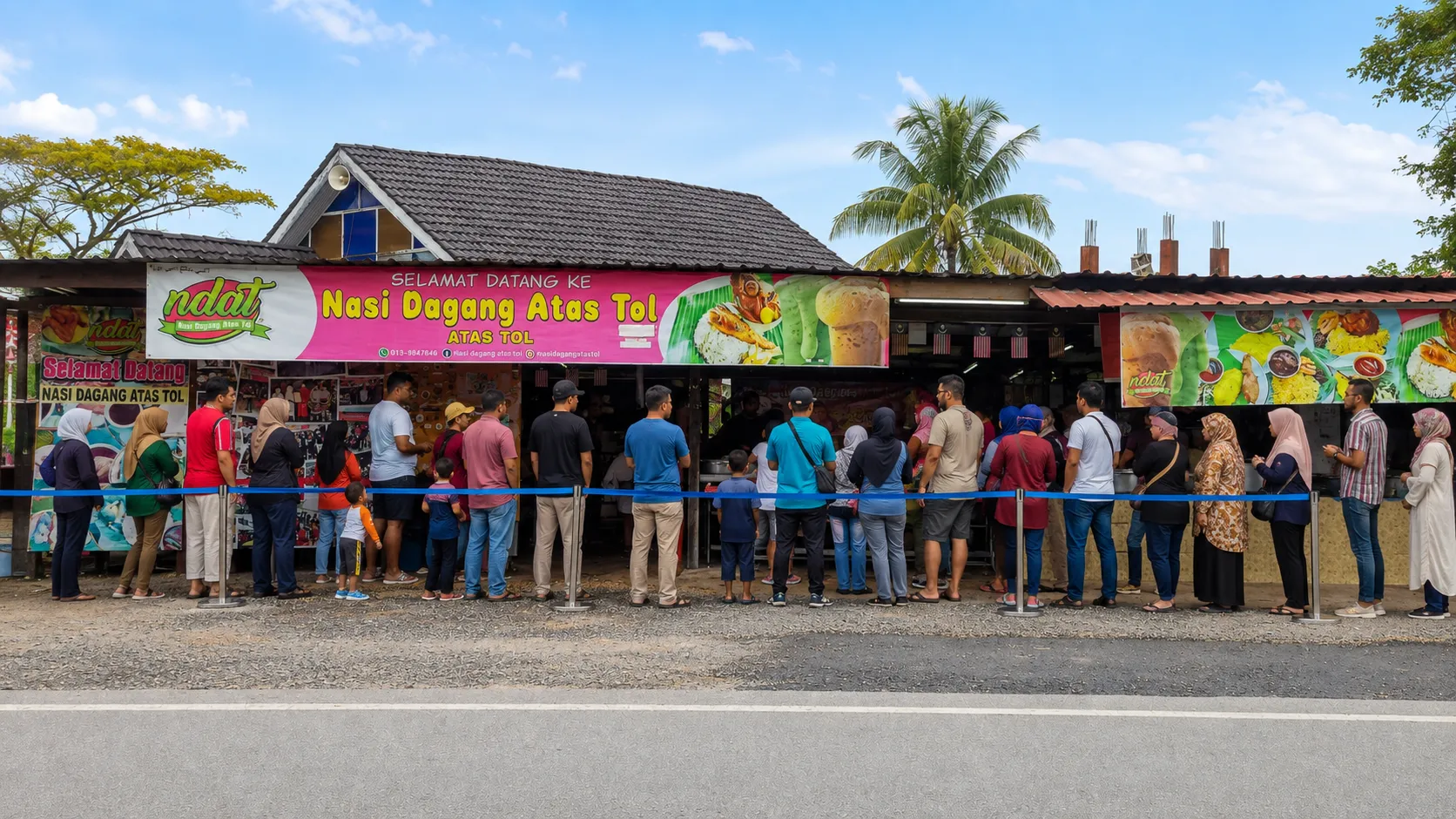 Barisan pelanggan di hadapan gerai Nasi Dagang Atas Tol dengan papan tanda merah jambu