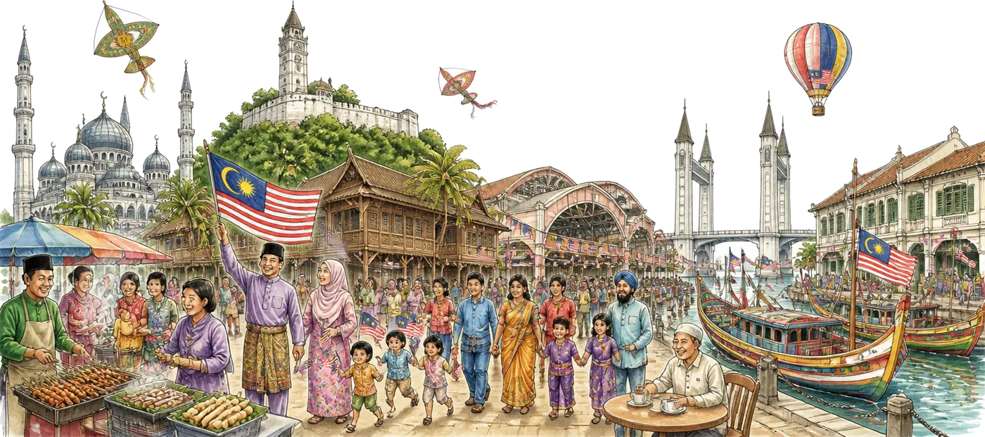 Ilustrasi sambutan Merdeka di Kuala Terengganu - Masjid Kristal, Bukit Puteri, Pasar Payang, Jambatan Angkat dan rakyat pelbagai kaum