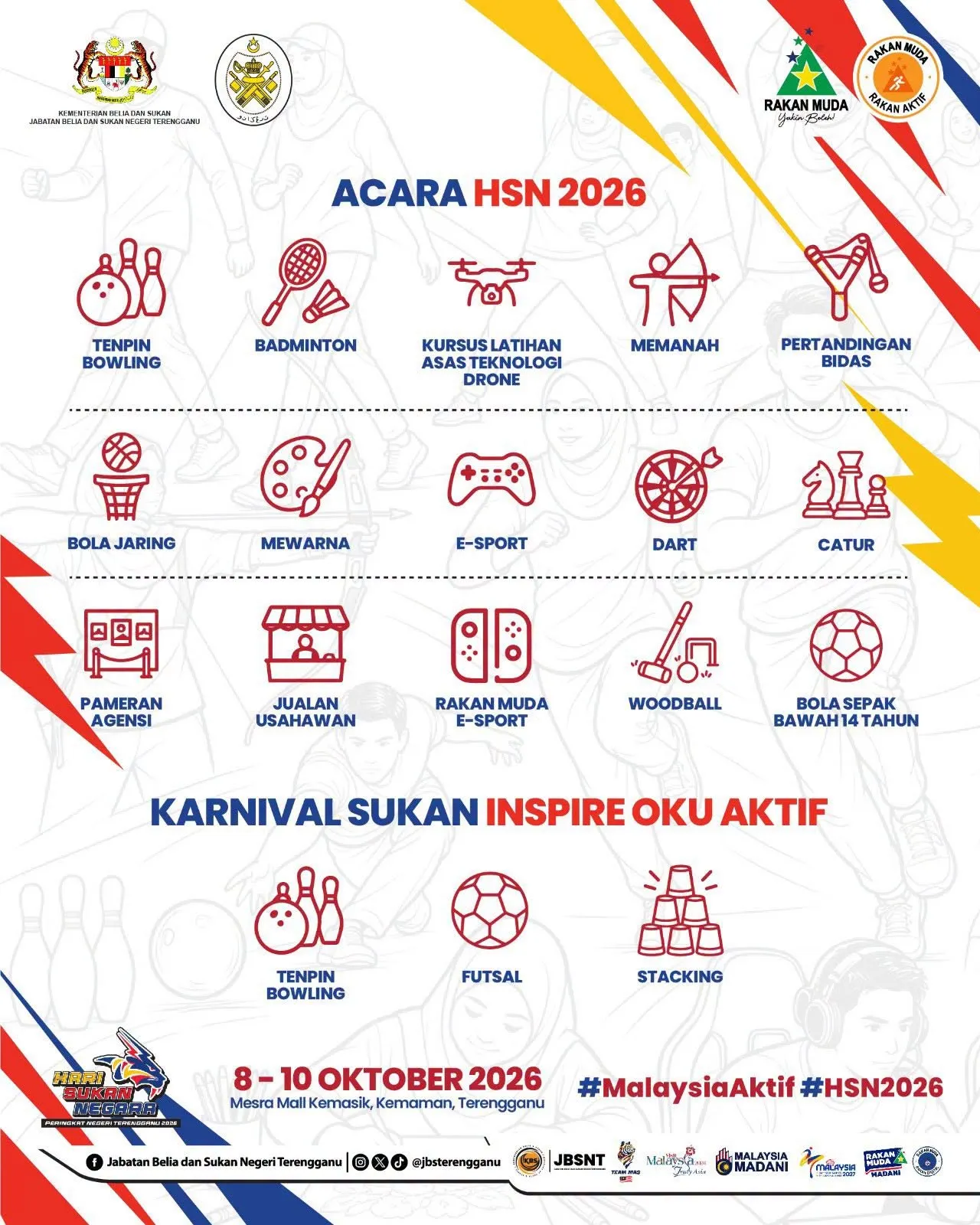 Poster senarai acara HSN 2026 dan Karnival Sukan Inspire OKU Aktif