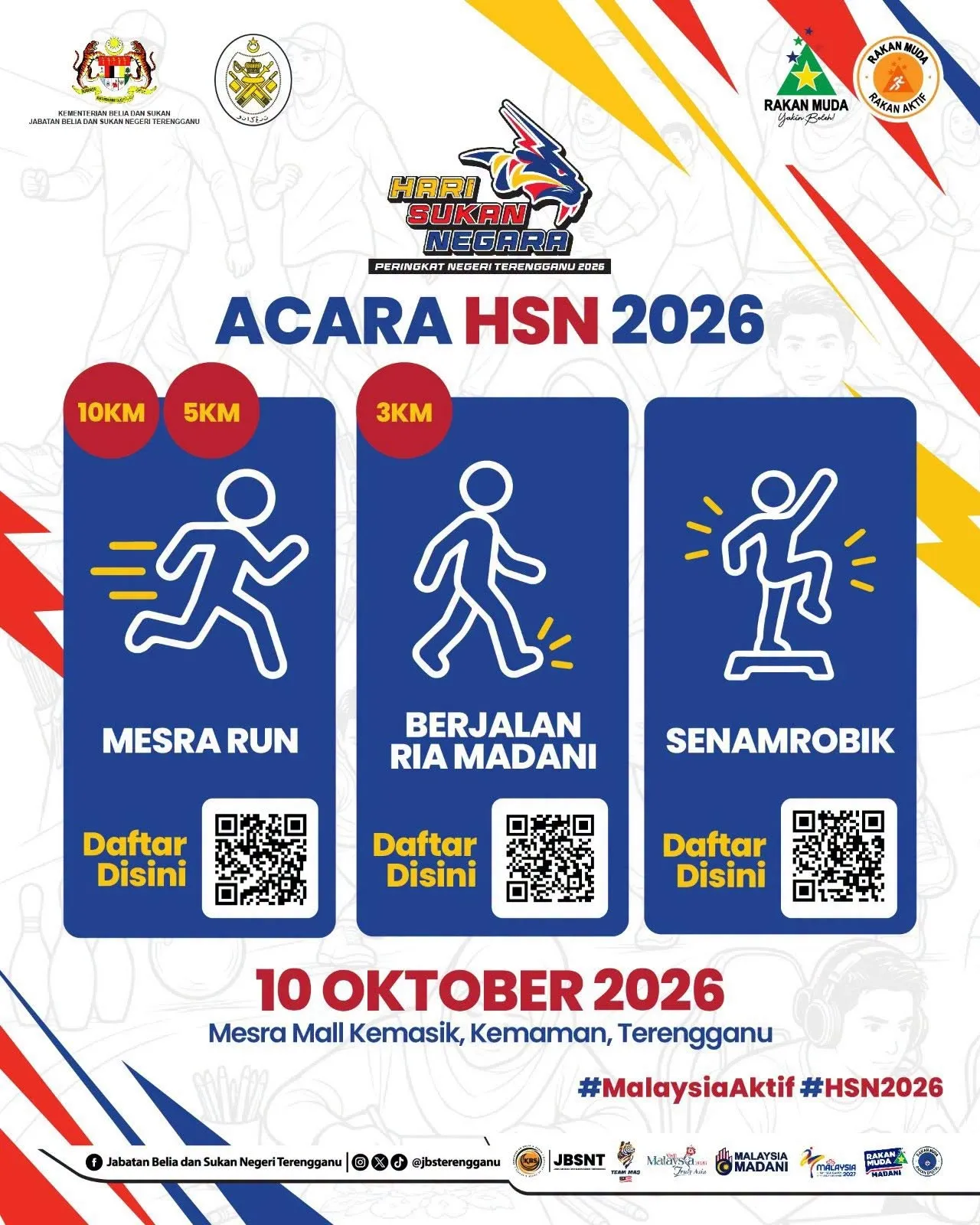 Poster pendaftaran Mesra Run, Berjalan Ria Madani dan Senamrobik