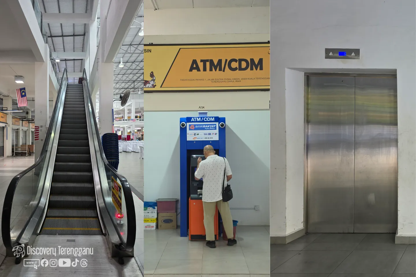 Tiga panel kemudahan di Pasar Kedai Payang 1: eskalator ke tingkat atas, mesin ATM di bawah papan tanda, dan pintu lif