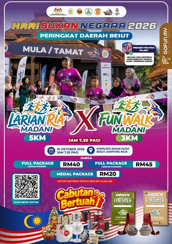 Poster Hari Sukan Negara 2026 Peringkat Daerah Besut, Larian Ria Madani 5KM dan Fun Walk Madani 3KM