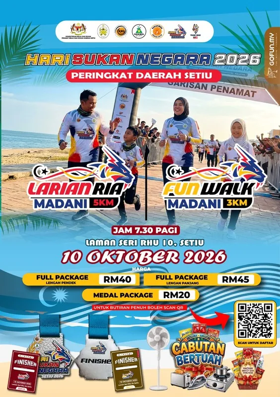 Poster Hari Sukan Negara 2026 Peringkat Daerah Setiu, Larian Ria Madani 5KM dan Fun Walk Madani 3KM