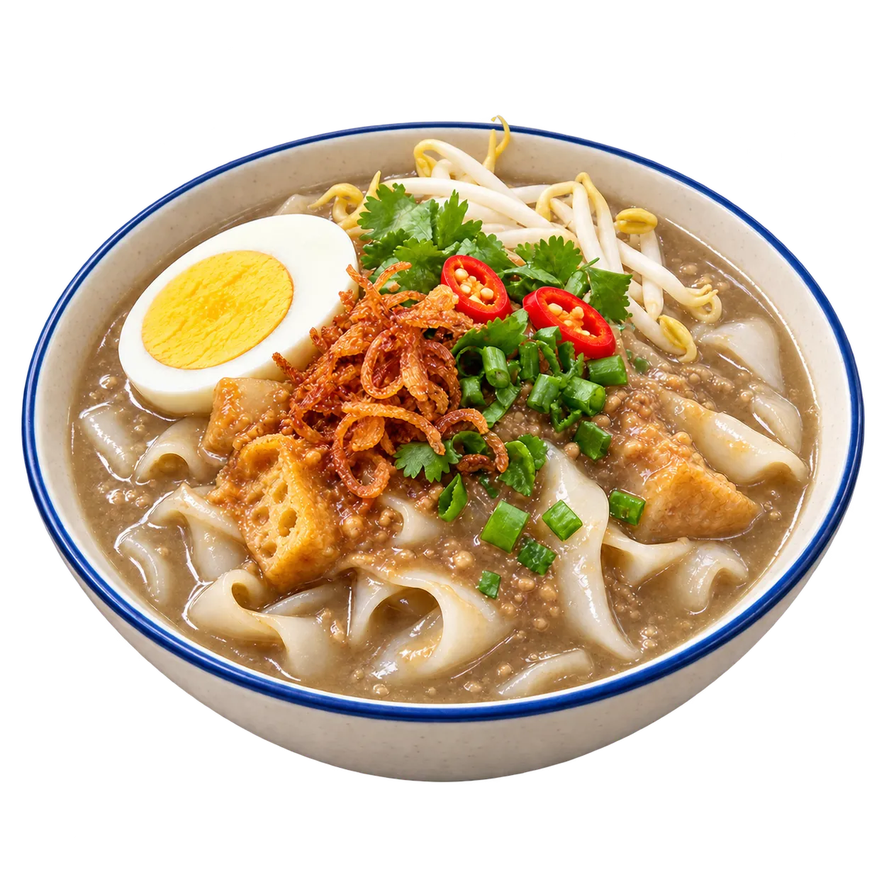 Telur dibiarkan set dalam kuah Kuey Teow Rebus
