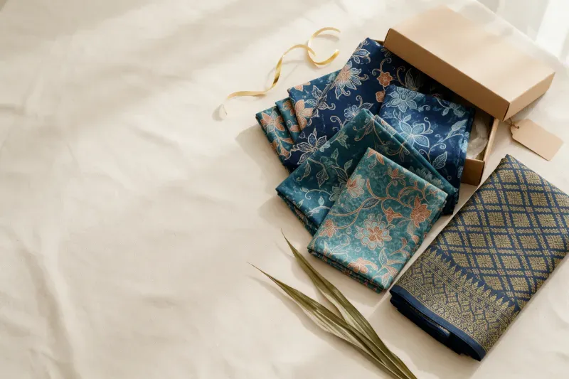 Ilustrasi susunan kain batik indigo dan teal berlipat, sehelai sampin songket keemasan dan kotak hadiah kertas di atas alas krim