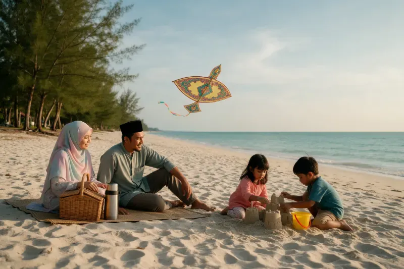 Ilustrasi keluarga Melayu berkelah di pantai berpasir putih: ibu dan bapa duduk di atas tikar dengan bakul dan termos, dua anak membina istana pasir, wau terbang di langit