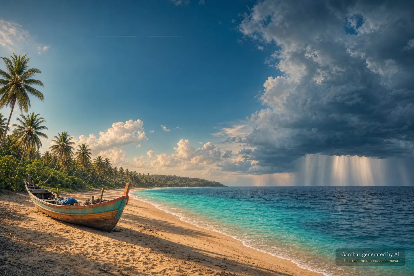 Ilustrasi AI pantai tropika Terengganu dengan bot kayu di atas pasir, pokok kelapa di tepi pantai dan awan ribut dengan hujan di laut