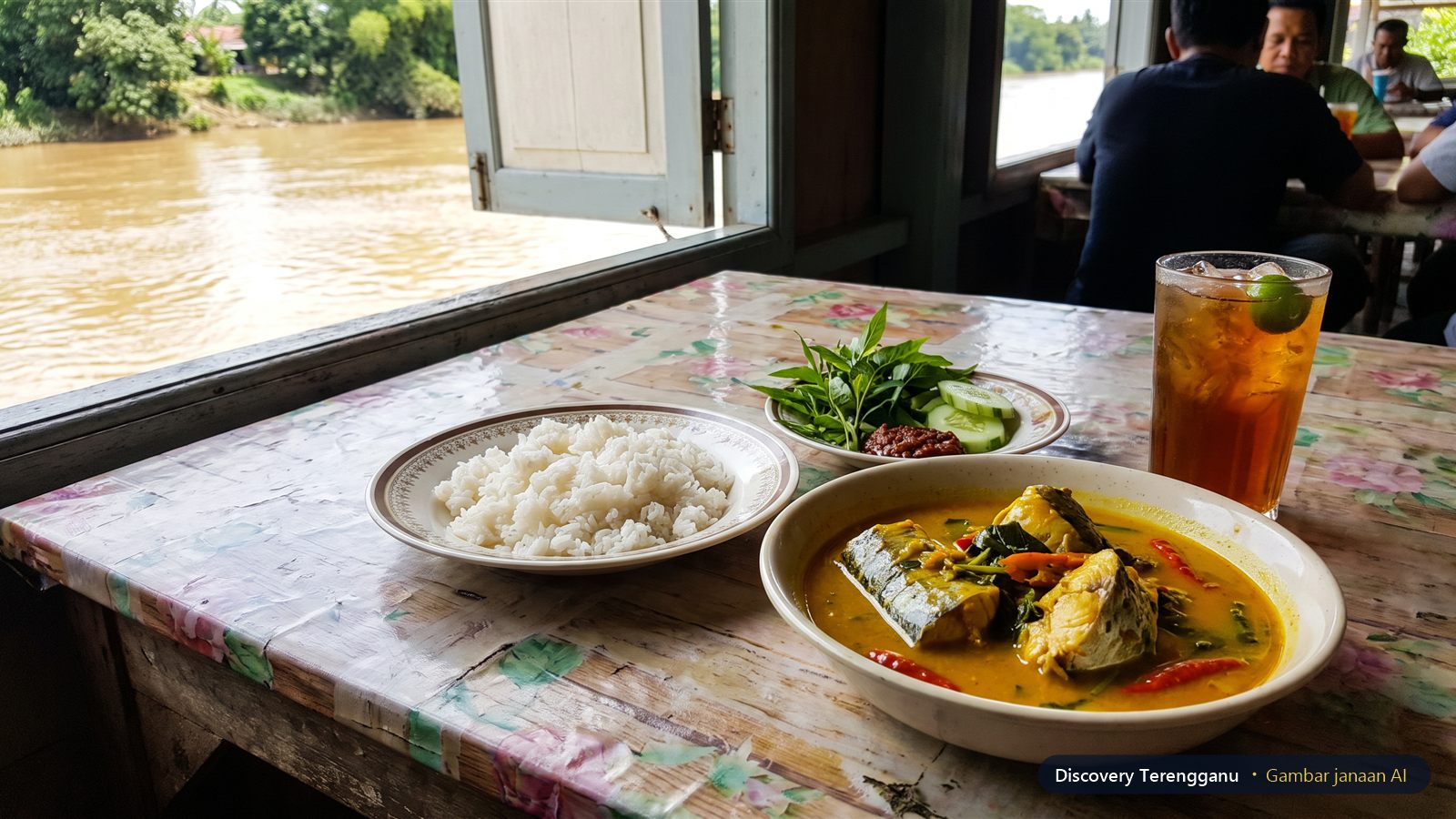 Gambar janaan AI semangkuk gulai tempoyak ikan patin, nasi putih, ulam dengan sambal belacan dan teh o ais limau di meja kedai makan menghadap sungai