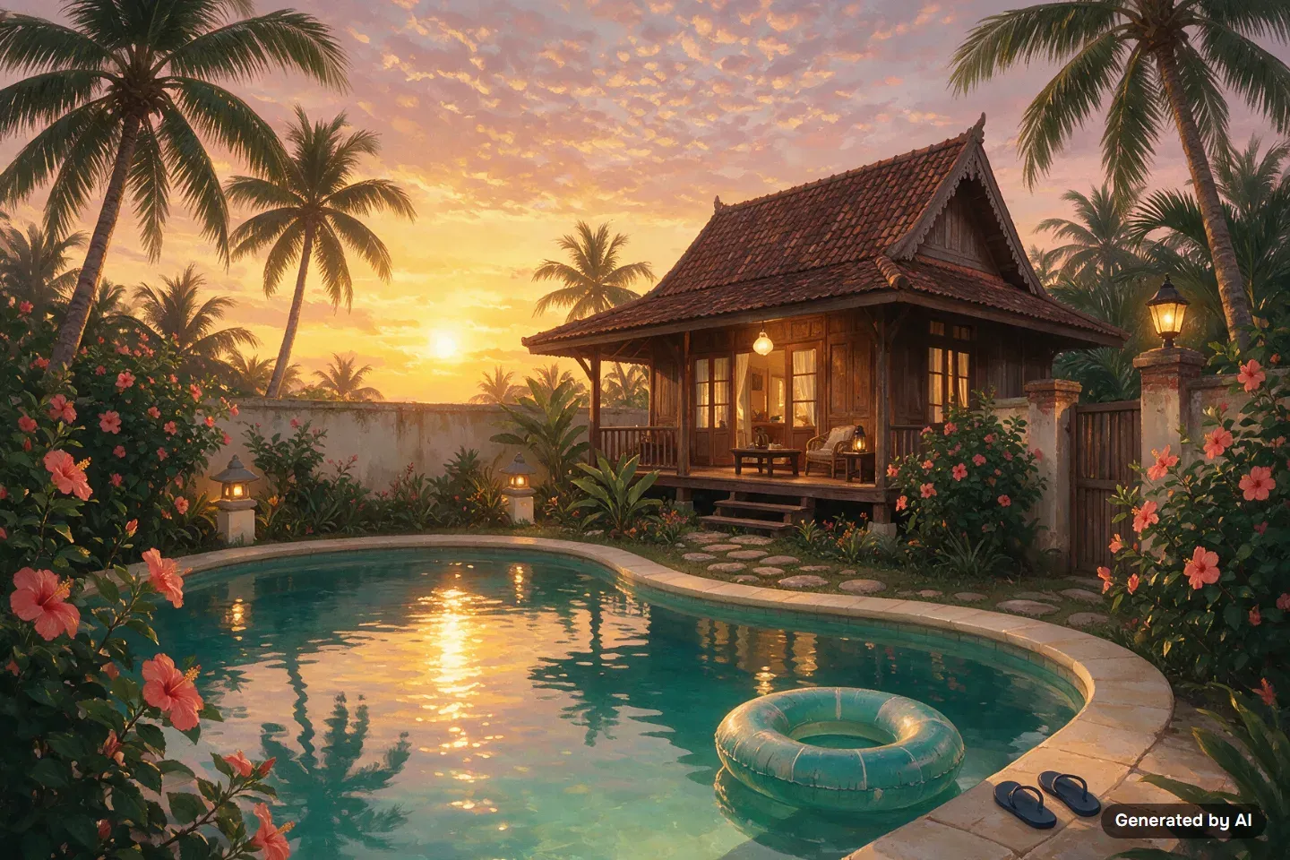 Ilustrasi AI: rumah kayu tradisional Melayu dengan kolam renang persendirian berbentuk lengkung di halaman berpagar, pokok kelapa dan bunga raya, ketika matahari terbenam
