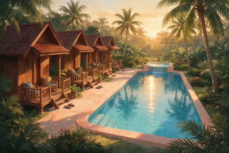 Ilustrasi deretan chalet kayu yang semuanya menghadap satu kolam renang di tengah taman