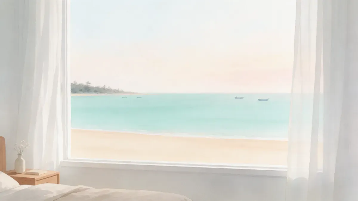 Ilustrasi: tingkap bilik hotel menghadap laut biru dan pantai berpasir sepenuhnya