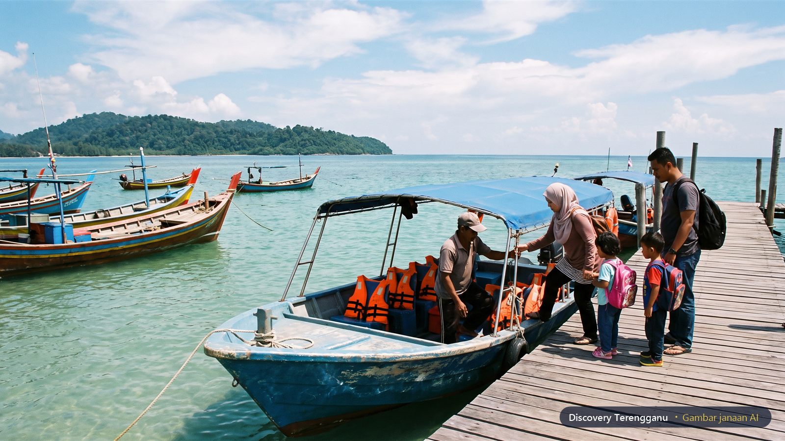 Gambar janaan AI sebuah keluarga menaiki bot laju beratap biru di jeti kayu, dengan bot nelayan berwarna dan pulau berhutan di kejauhan