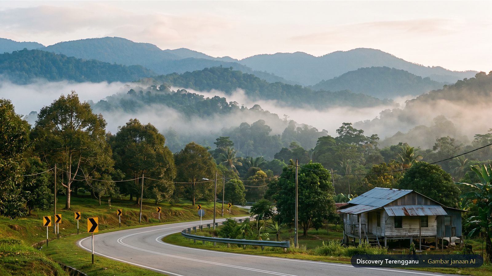 Gambar janaan AI kabus pagi di atas bukit berhutan dengan jalan berliku, papan tanda selekoh kuning hitam dan rumah kampung beratap zink