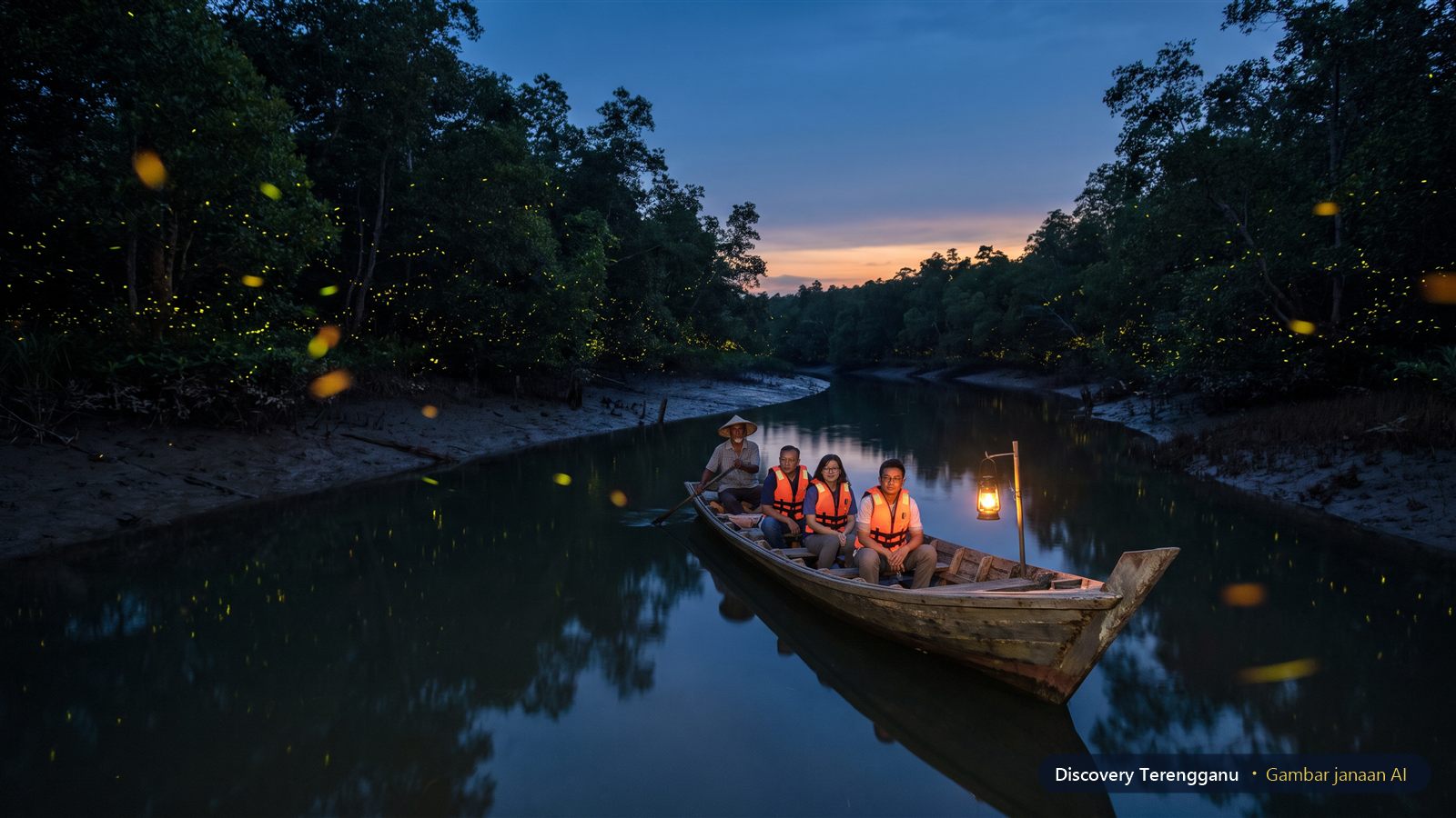 Gambar janaan AI sampan kayu dengan pendayung dan pengunjung berjaket keselamatan di sungai bakau ketika senja, dengan cahaya kelip-kelip pada pokok di tebing