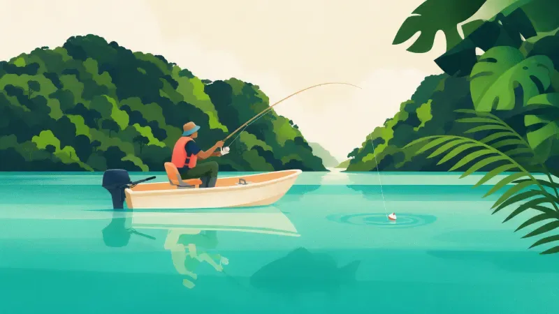 Ilustrasi pemancing berjaket keselamatan dalam bot kecil bermotor sedang memancing di tasik berhutan