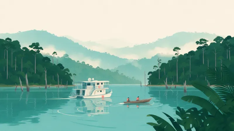 Ilustrasi houseboat putih dan bot kayu kecil dengan dua penumpang berjaket keselamatan di tasik berhutan