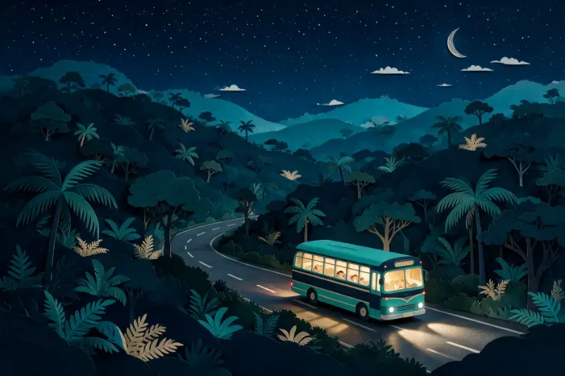 Ilustrasi kertas: bas bercahaya melalui jalan berbukit hutan pada waktu malam di bawah bulan sabit