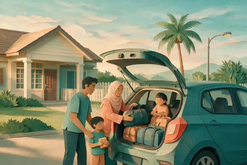 Ilustrasi kertas: keluarga memasukkan beg ke dalam but kereta di hadapan rumah sebelum bercuti