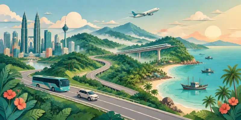Ilustrasi kertas: bangunan tinggi KL di kiri, lebuh raya melalui bukit hutan dengan bas dan kereta, tren di landasan tinggi dan kapal terbang di langit, berakhir di pantai dan bot nelayan