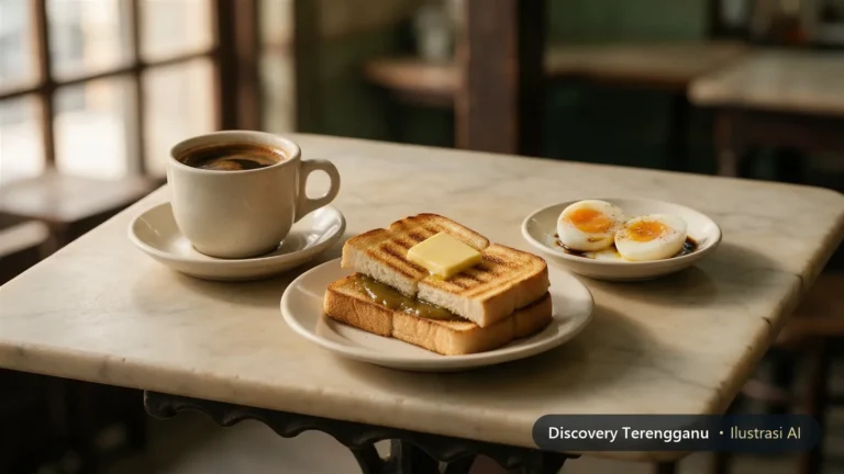 Ilustrasi AI secawan kopi, roti bakar kaya dengan mentega dan telur separuh masak di atas meja marmar kedai kopi lama