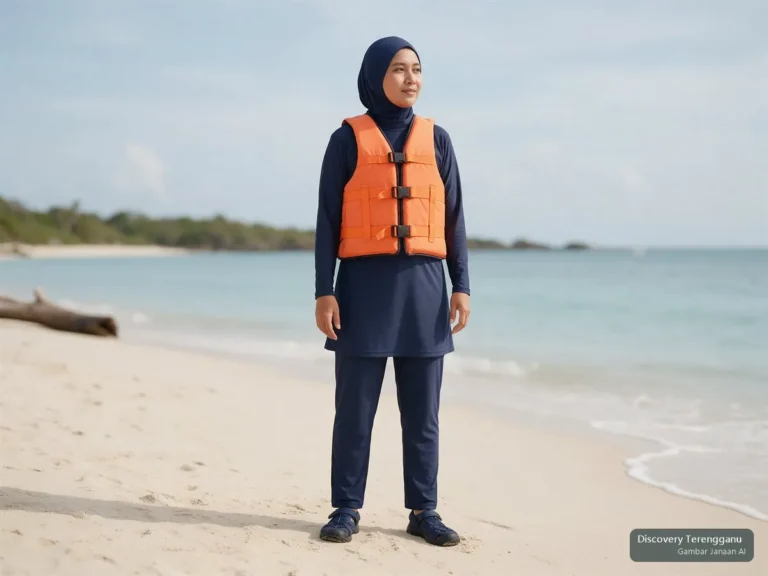 Ilustrasi AI pakaian renang Muslimah dengan tudung renang kemas dan jaket keselamatan.