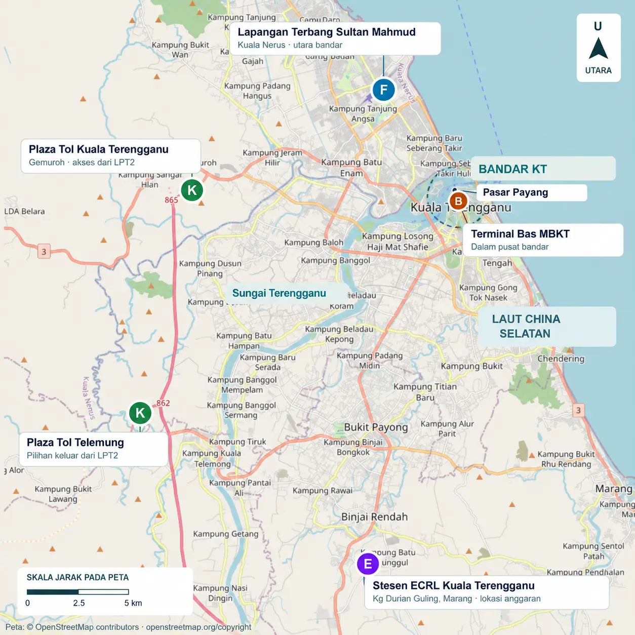 Peta pengangkutan Kuala Terengganu dengan penanda B untuk Terminal Bas MBKT, F untuk Lapangan Terbang Sultan Mahmud, K untuk Plaza Tol Kuala Terengganu dan Telemung, serta E untuk Stesen ECRL Kuala Terengganu di Durian Guling, Marang.