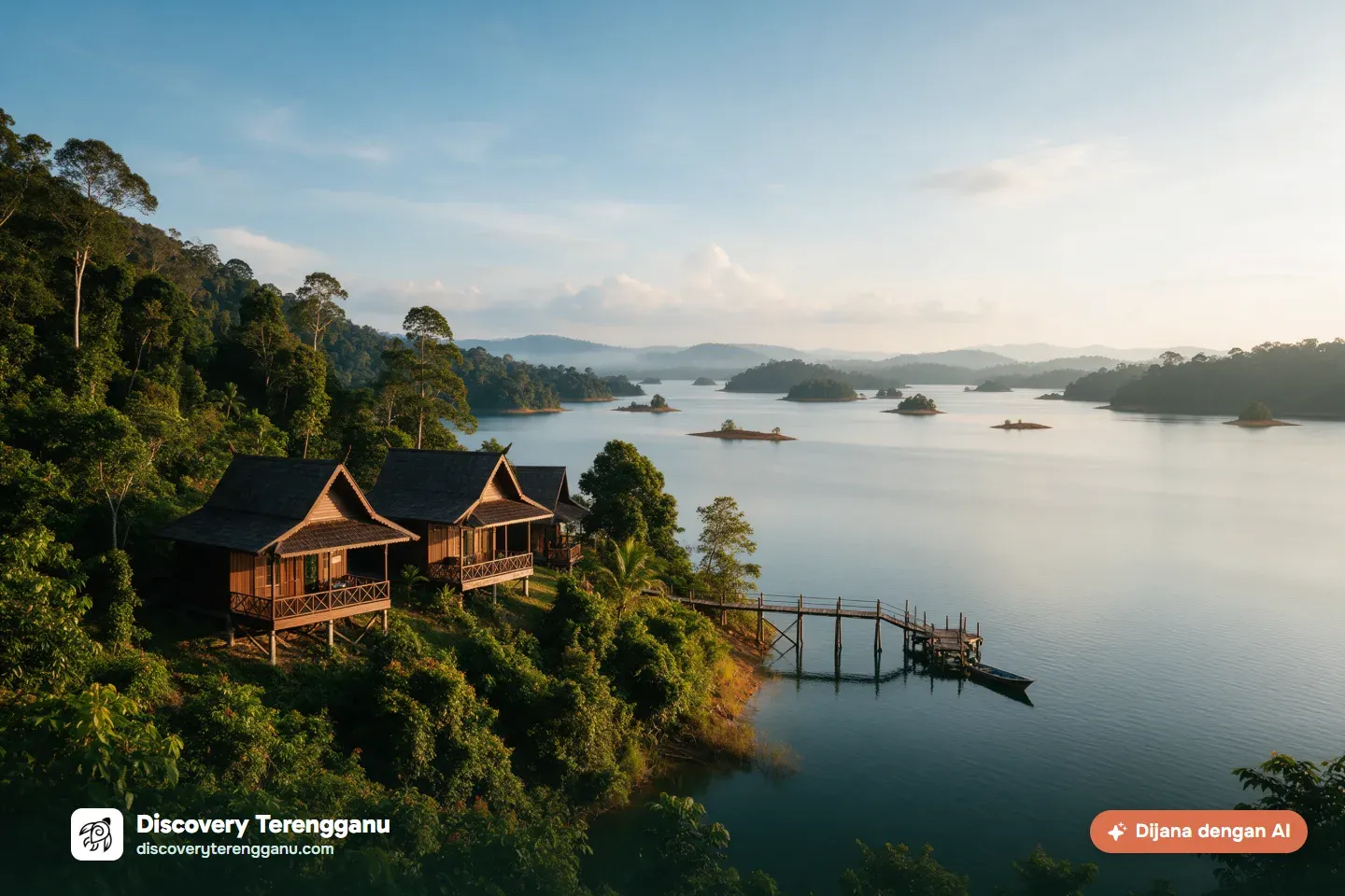 Ilustrasi AI suasana penginapan di Tasik Kenyir dengan tasik dan hutan tropika