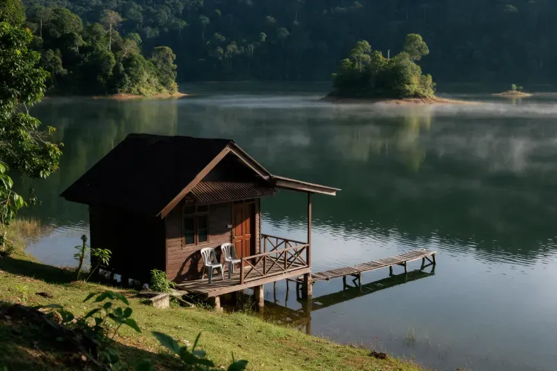 Ilustrasi chalet kayu kecil di tepi tasik yang dikelilingi hutan tropika