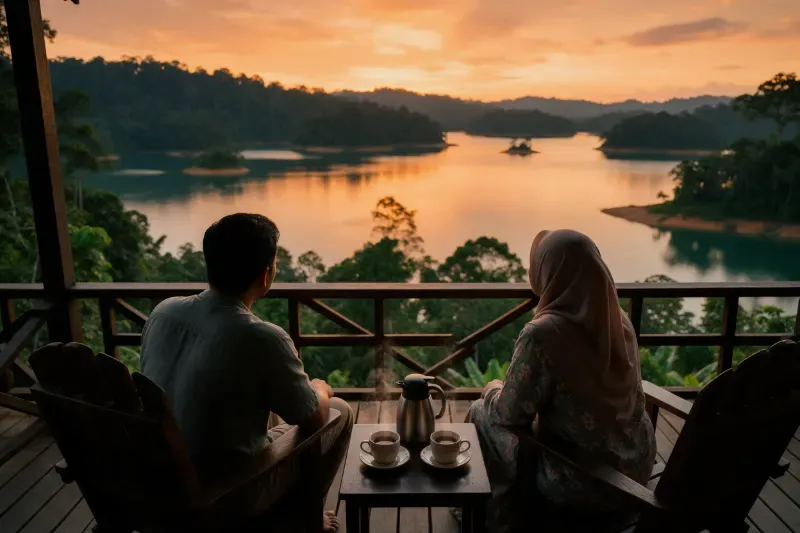 Ilustrasi pasangan berehat di dek kayu sambil memandang tasik ketika senja