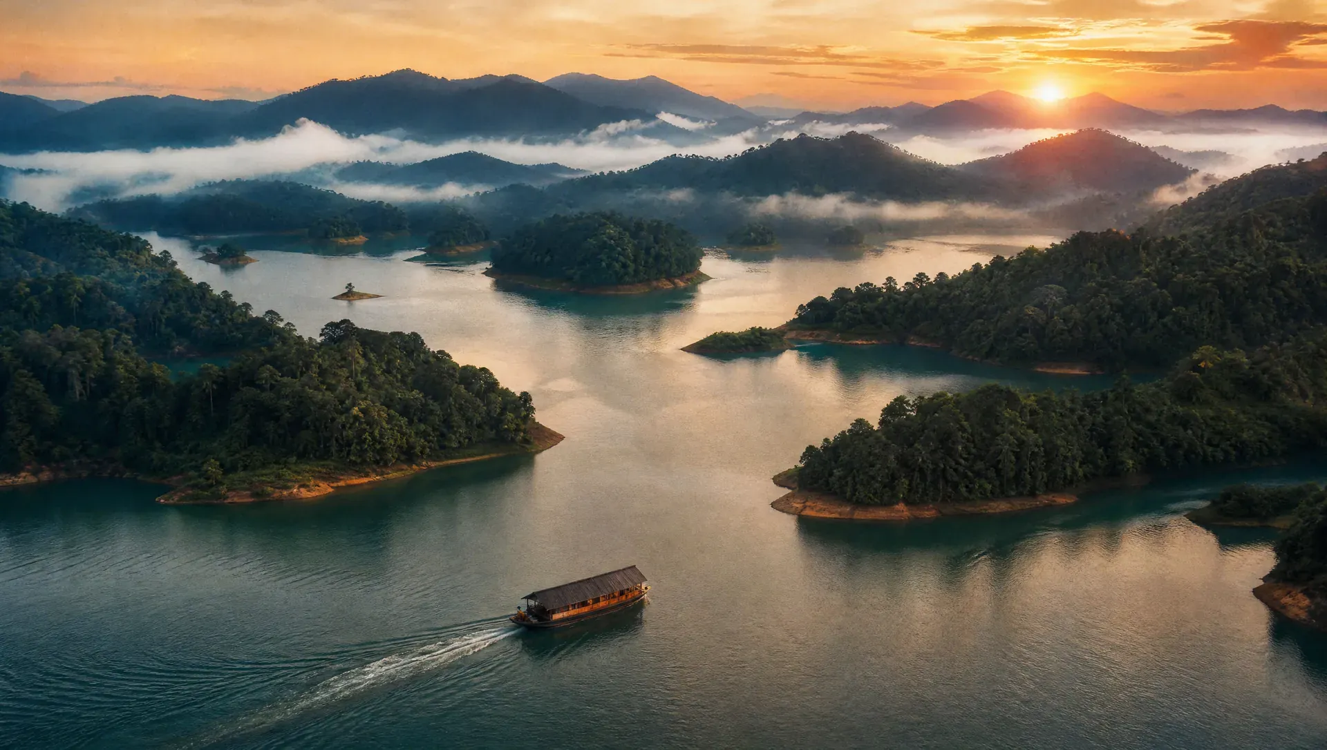 Ilustrasi AI: pandangan udara tasik buatan manusia dengan pulau-pulau berhutan dan sebuah rumah bot ketika matahari terbenam, menggambarkan suasana Tasik Kenyir