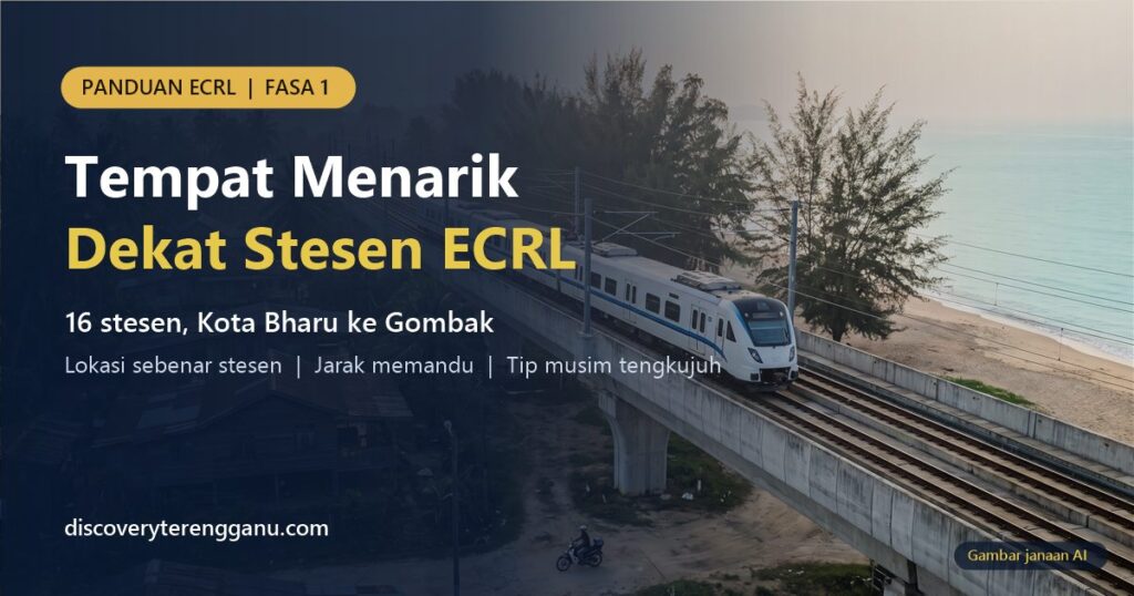 Gambar janaan AI tren elektrik di jejambat tepi pantai dengan tajuk Tempat Menarik Dekat Stesen ECRL, 16 stesen Kota Bharu ke Gombak