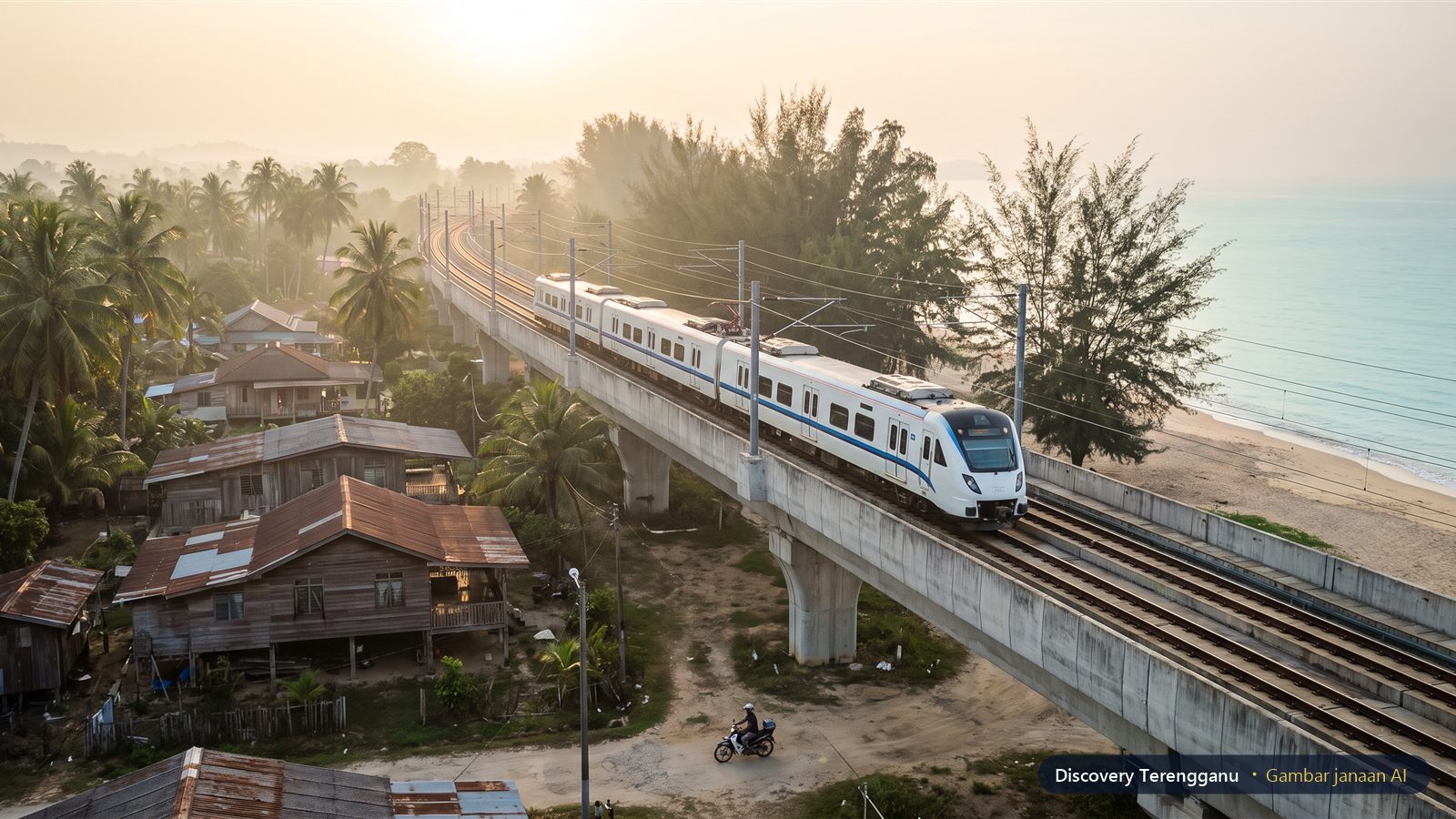 Gambar janaan AI tren elektrik putih di atas jejambat konkrit melalui pokok kelapa dan rumah kampung kayu beratap zink di tepi pantai ketika pagi