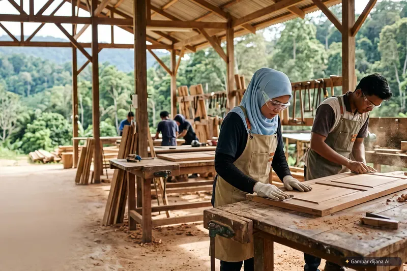Ilustrasi AI: suasana bengkel kayu terbuka di kaki bukit