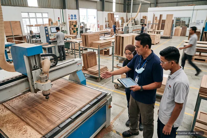 Ilustrasi AI: lantai pengeluaran perabot dengan mesin cnc