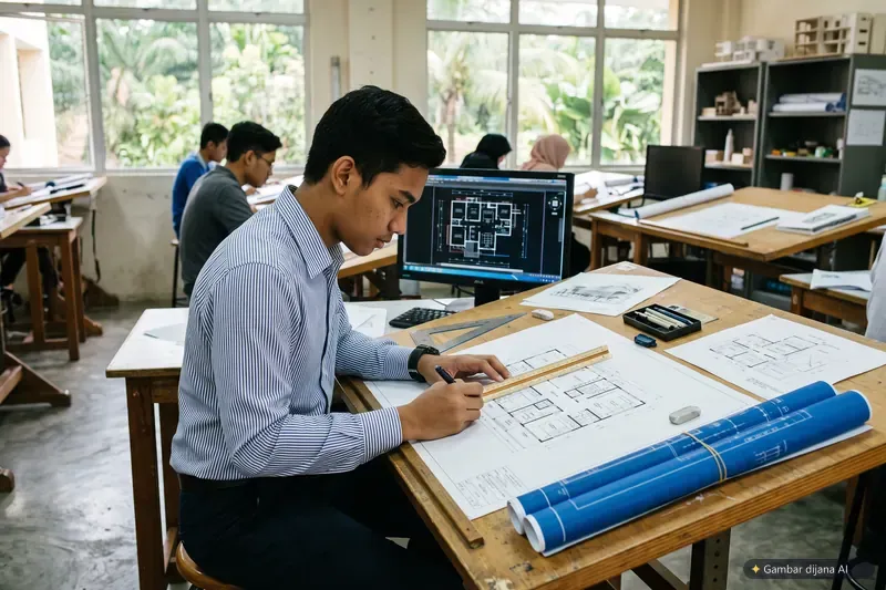 Ilustrasi AI: bilik lukisan dengan meja draf dan stesen cad