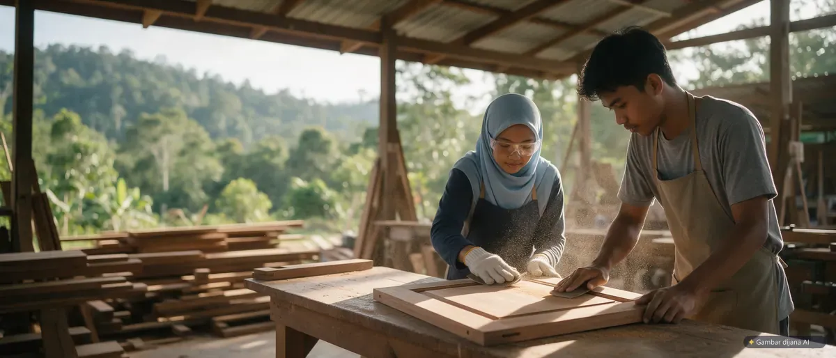 Ilustrasi AI: pelatih wanita bertudung dan pelatih lelaki mengemas permukaan pintu kabinet kayu dengan kertas pasir di bengkel terbuka berlatarkan bukit hutan