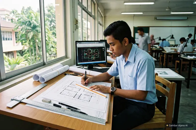 Ilustrasi AI kursus Lukisan Pelan Senibina TTITC: pelatih melukis pelan lantai rumah di meja lukisan dengan skrin CAD di belakang