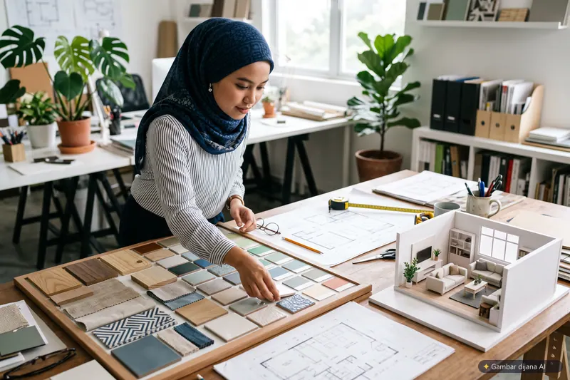 Ilustrasi AI kursus Pelukis Rekaan Dalaman TTITC: pelatih wanita bertudung menyusun papan sampel bahan di sebelah model skala ruang tamu