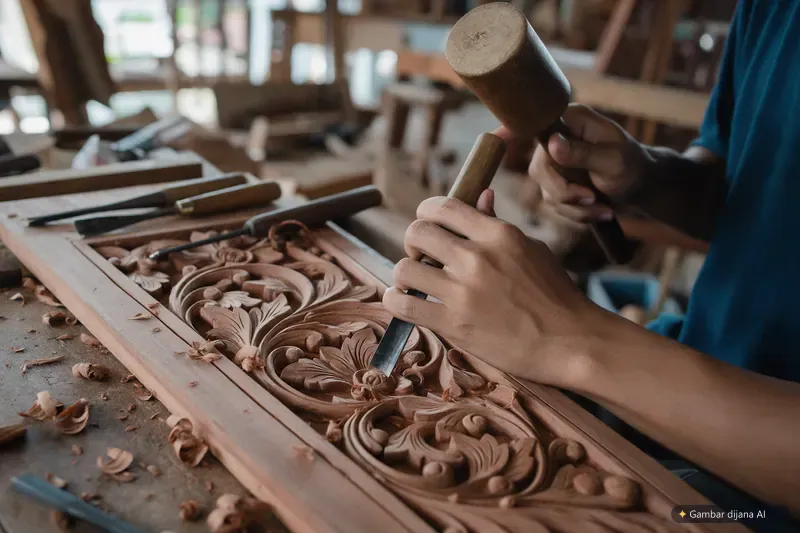 Ilustrasi AI kursus Pengukiran Kayu TTITC: tangan pelatih mengukir panel kayu bermotif bunga dengan pahat dan penukul kayu