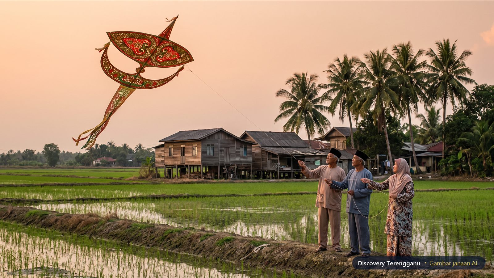 Gambar janaan AI wau bulan bermotif bunga terbang di atas sawah padi, dengan dua lelaki berbaju Melayu dan bersongkok serta seorang wanita berbaju kurung dan bertudung memegang talinya